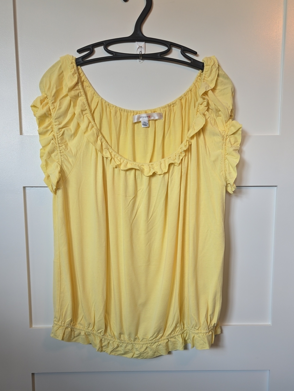 Studio M Yellow Ruffle Scoop-Neck Blouson Top Elastic Waist XL